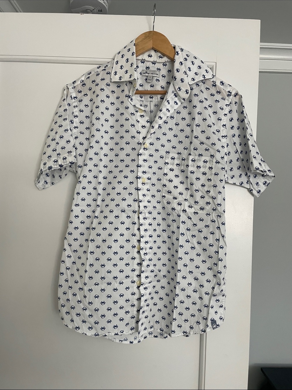 Peter Millar White Short-Sleeve Button-Down with Navy Micro Pattern